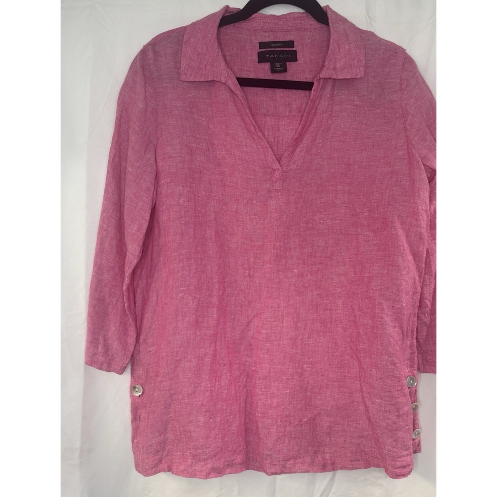 Tahiti Pink Linen Tunic Top Sz M Lightweight Travel Ready‎ Breathable Fabric